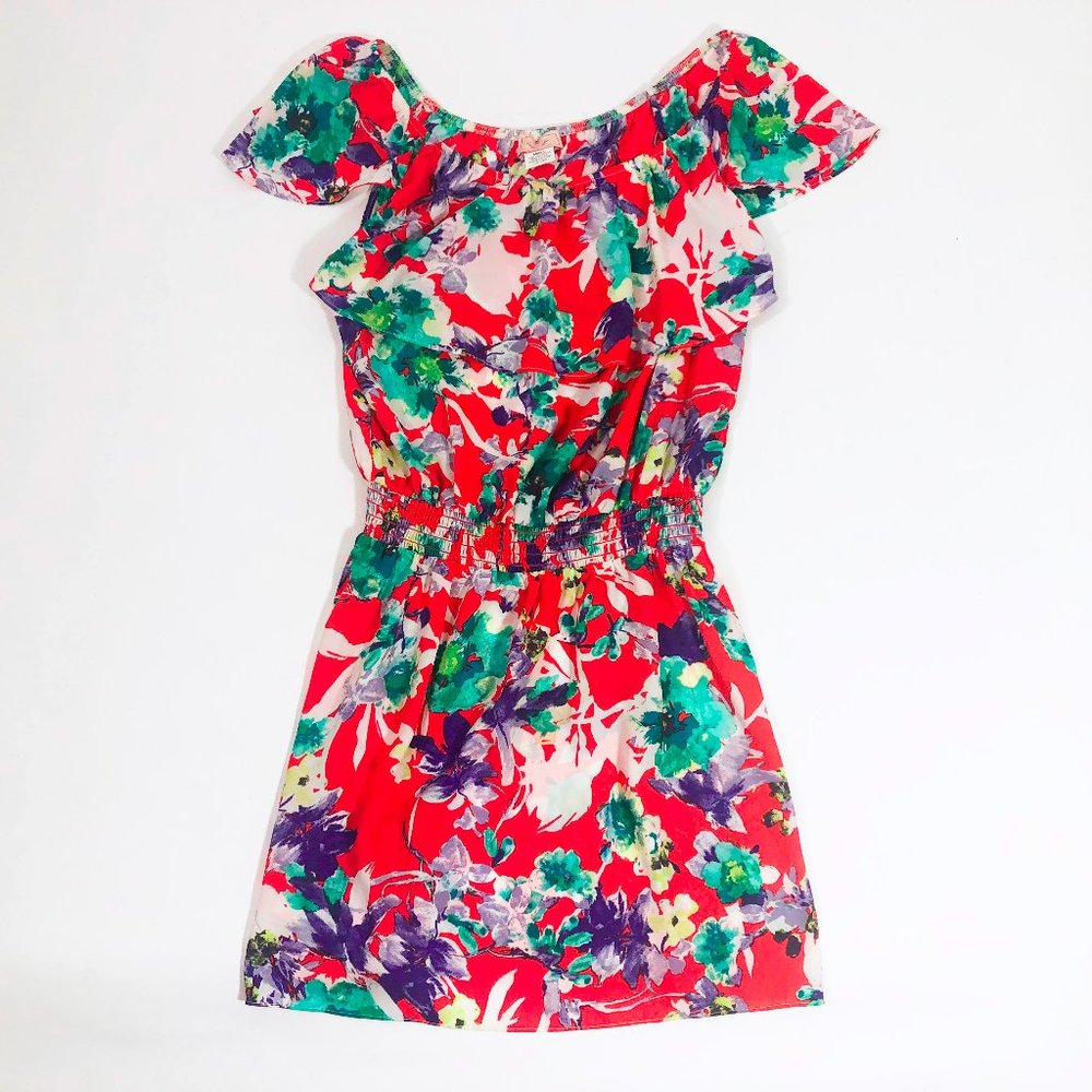 Love...Ady Women's Floral Off the Shoulder Ruffle Sleeves Blouson Mini Dress SML - Picture 3 of 7